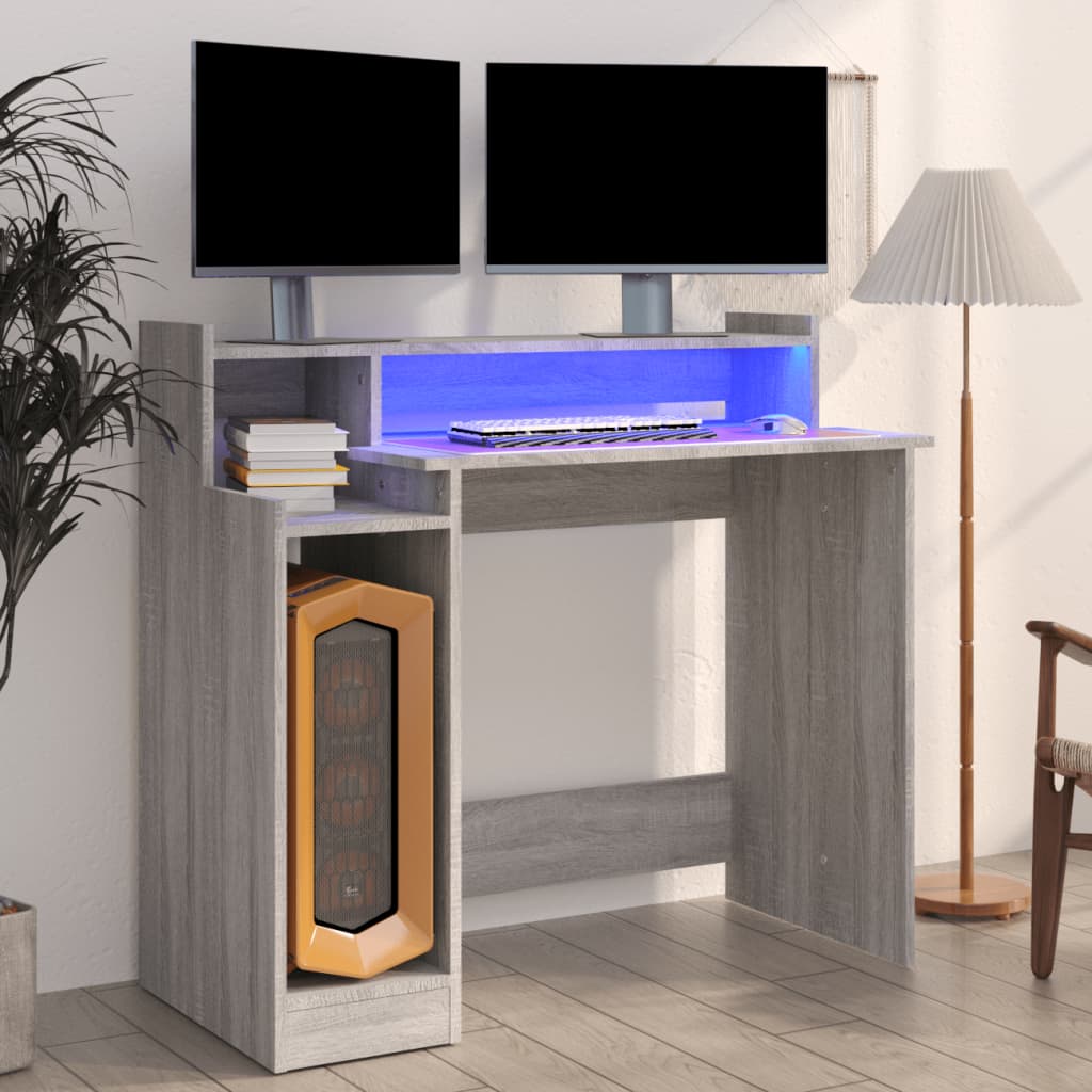 Birou Cu Lumini Led, Stejar Fumuriu, 97X90X45 Cm Lemn Prelucrat