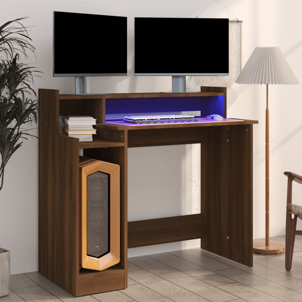 Birou Cu Lumini Led, Stejar Fumuriu, 97X90X45 Cm Lemn Prelucrat