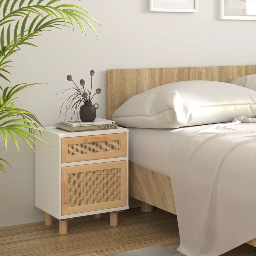 Noptiere, 2 Buc., , Lemn Masiv De Pin Și Ratan Natural
