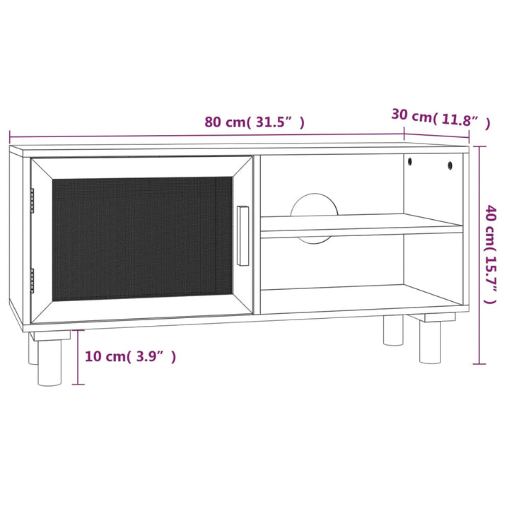 Comodă Tv, , 80X30X40 Cm, Lemn Masiv Pin Și Ratan Natural