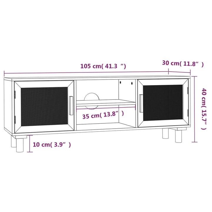 Comodă Tv, , 105X30X40 Cm Lemn Masiv Pin Și Ratan Natural