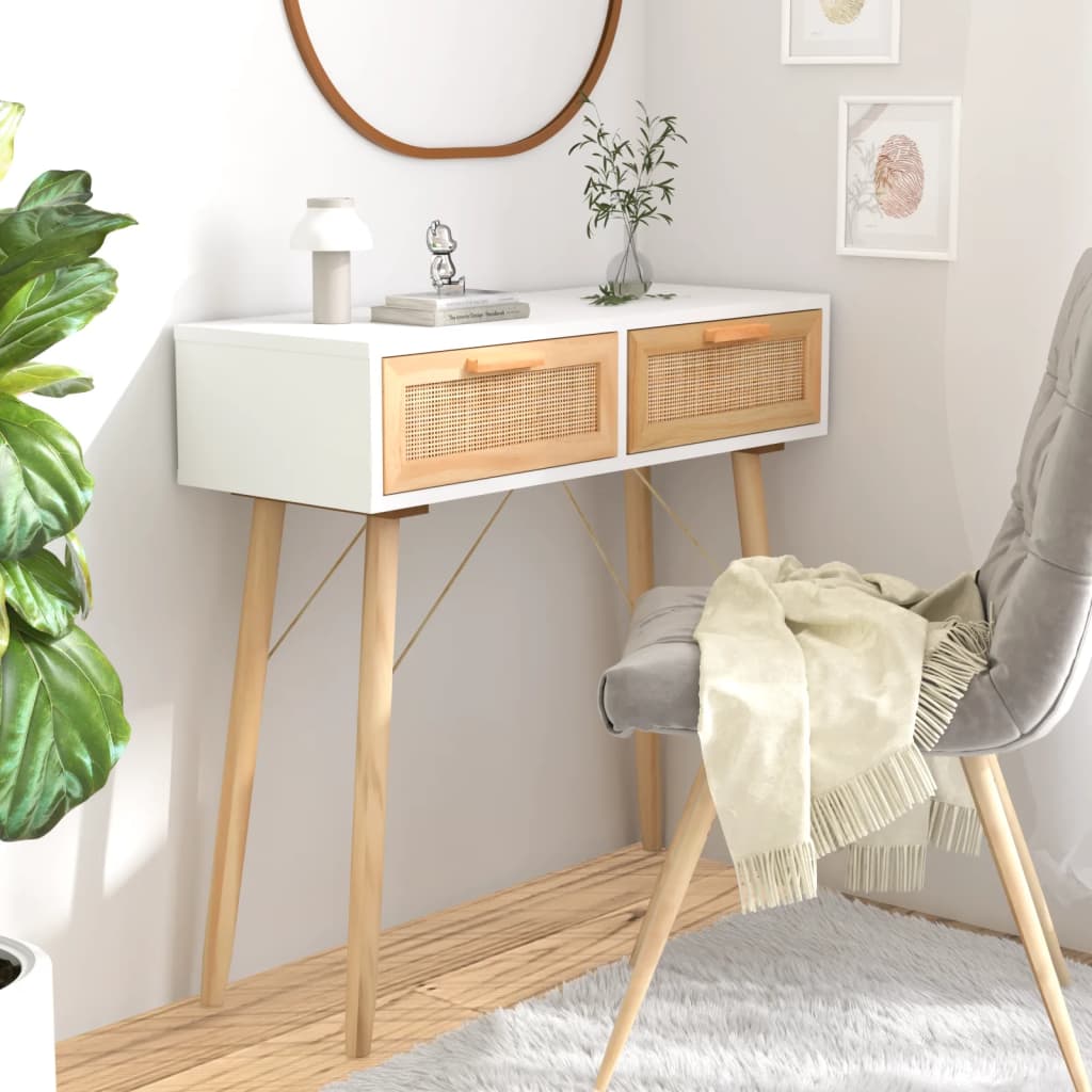 Masă Consolă 80X30X75 Cm Lemn Masiv Pin Și Ratan Natural