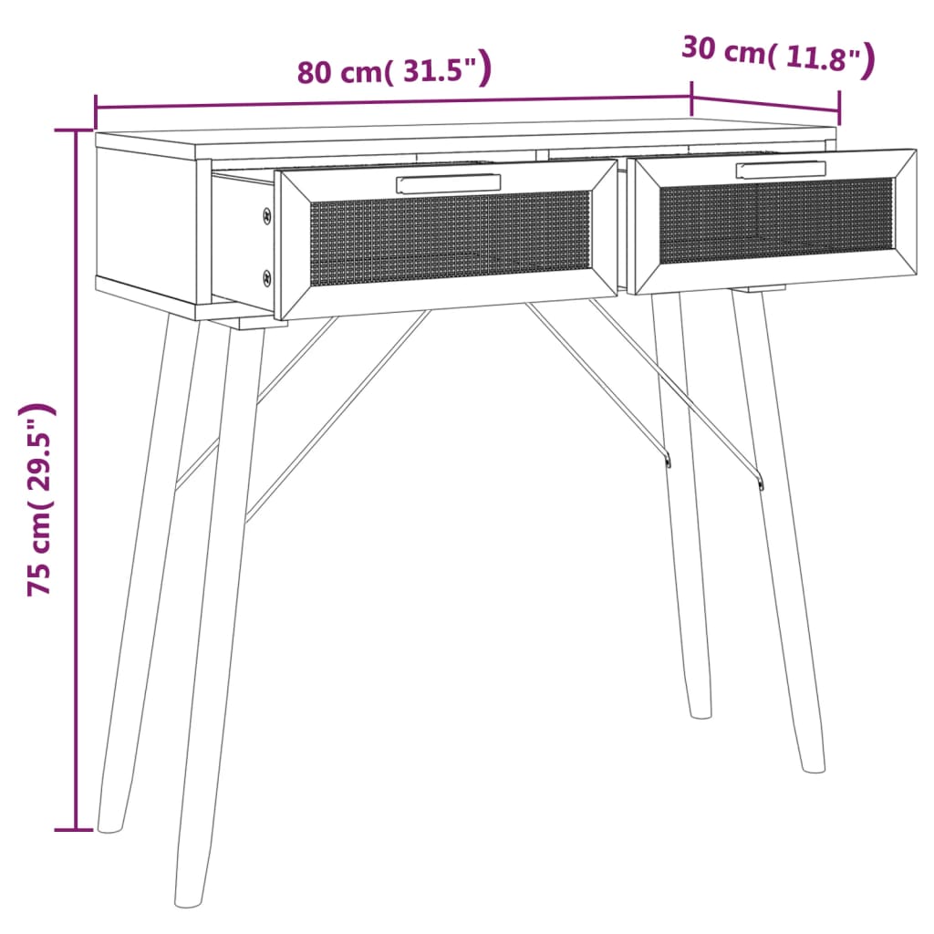 Masă Consolă 80X30X75 Cm Lemn Masiv Pin Și Ratan Natural