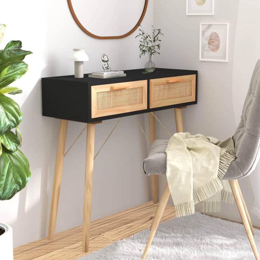 Masă Consolă 80X30X75 Cm Lemn Masiv Pin Și Ratan Natural
