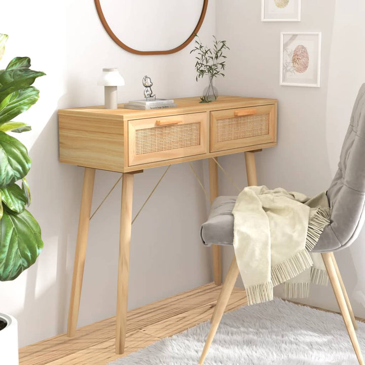 Masă Consolă 80X30X75 Cm Lemn Masiv Pin Și Ratan Natural