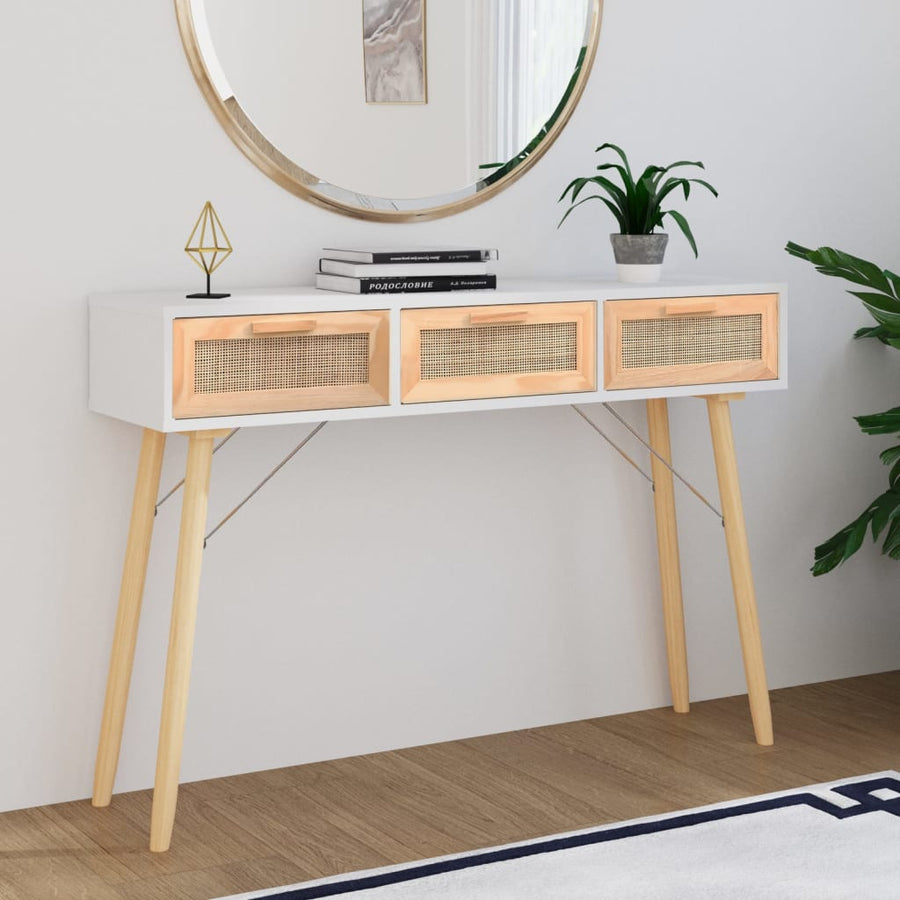 Masă Consolă 105X30X75 Cm Lemn Masiv Pin Și Ratan Natural