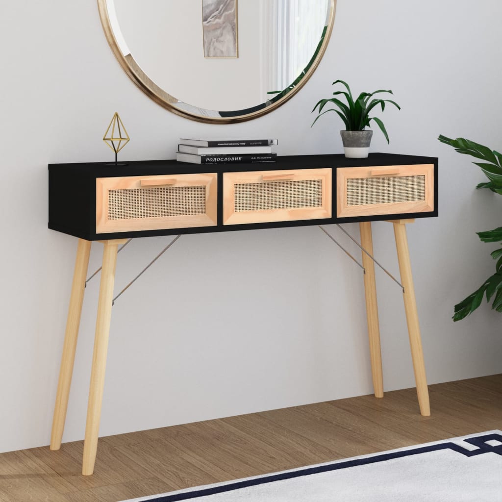 Masă Consolă 105X30X75 Cm Lemn Masiv Pin Și Ratan Natural