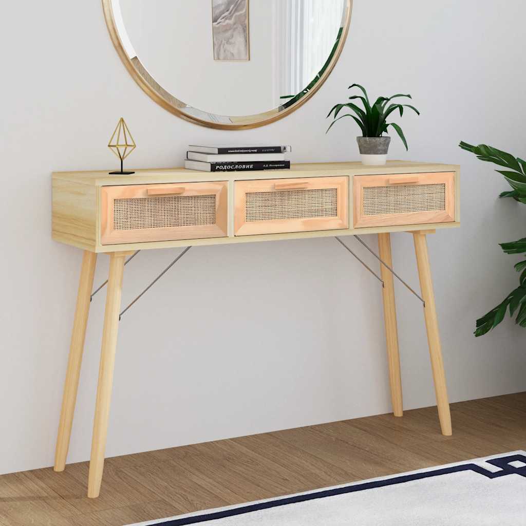 Masă Consolă 105X30X75 Cm Lemn Masiv Pin Și Ratan Natural