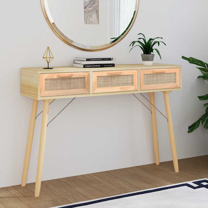 Masă Consolă 105X30X75 Cm Lemn Masiv Pin Și Ratan Natural