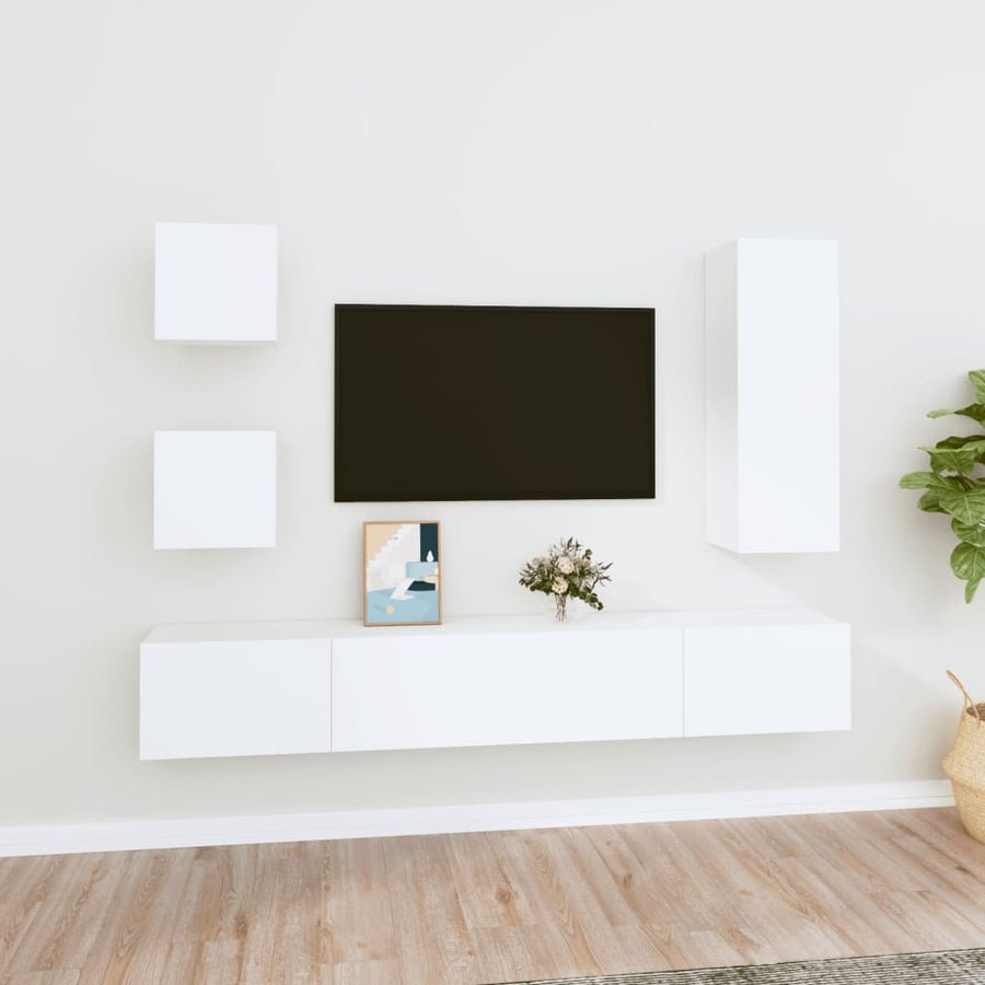Set Dulap Tv, 5 Piese, Alb, Lemn Prelucrat
