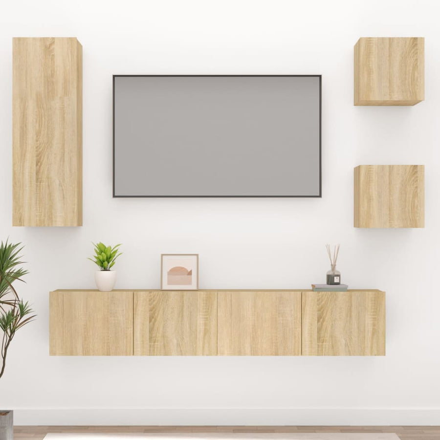 Set Dulap Tv, 5 Piese, Stejar Sonoma, Lemn Prelucrat