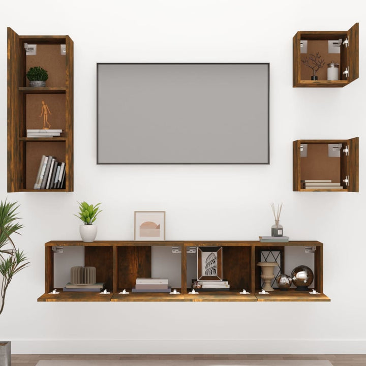Set Dulapuri Tv, 5 Piese, Stejar Fumuriu, Lemn Prelucrat