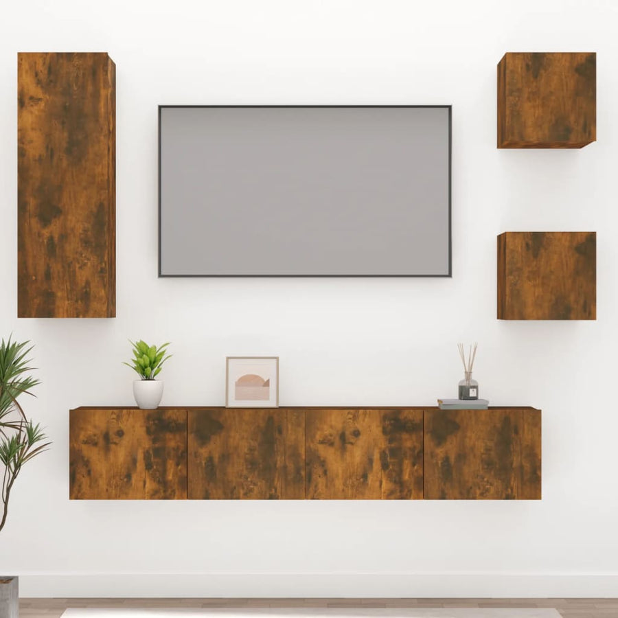 Set Dulapuri Tv, 5 Piese, Stejar Fumuriu, Lemn Prelucrat