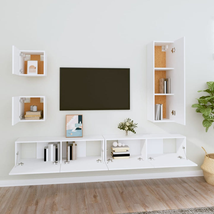 Set Dulap Tv, 5 Piese, Alb, Lemn Prelucrat
