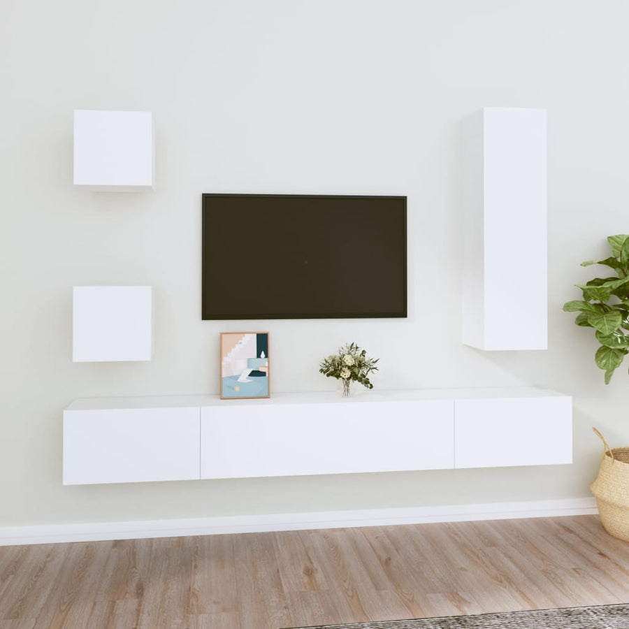 Set Dulap Tv, 5 Piese, Alb, Lemn Prelucrat