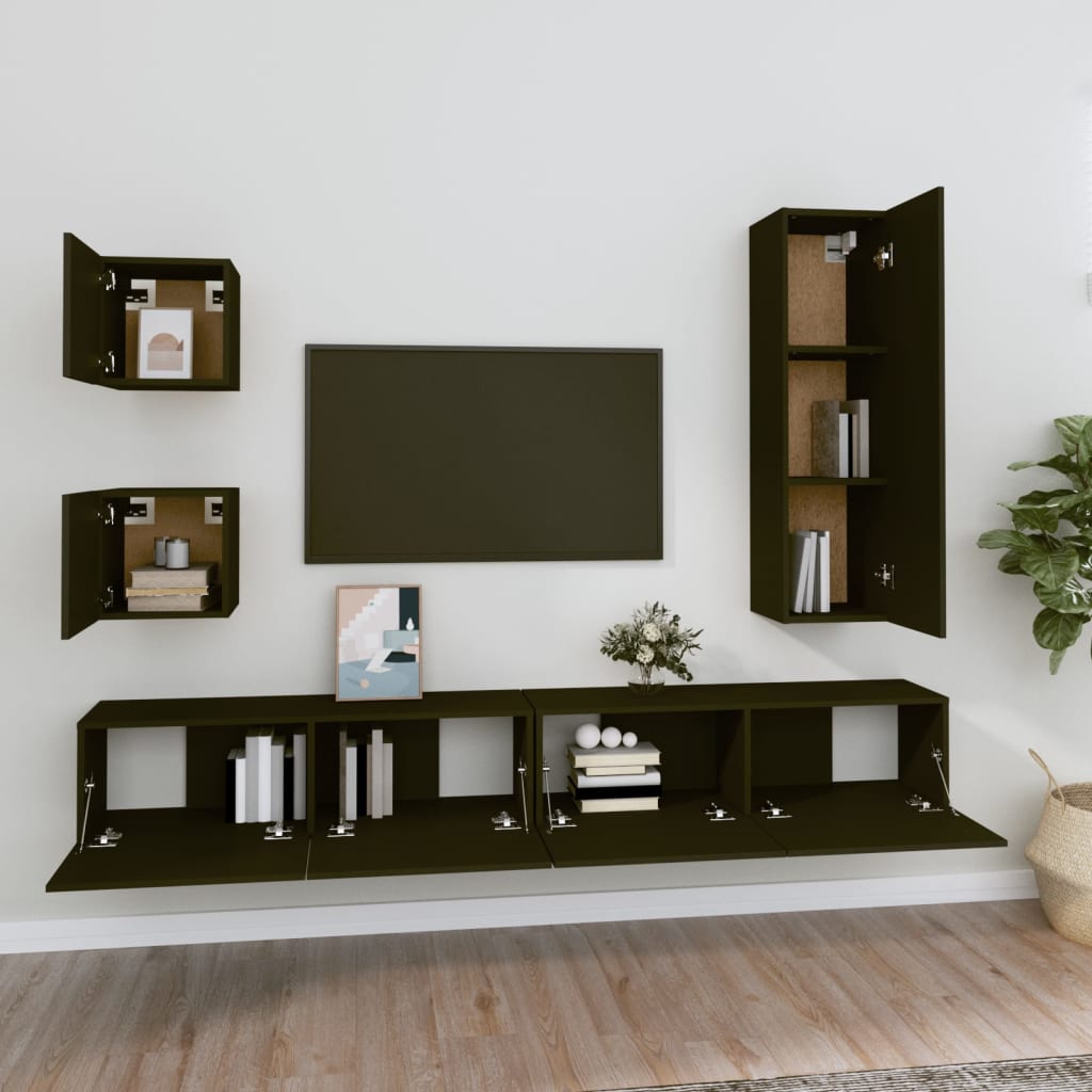 Set Dulap Tv, 5 Piese, Negru, Lemn Prelucrat