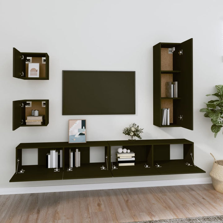 Set Dulap Tv, 5 Piese, Negru, Lemn Prelucrat