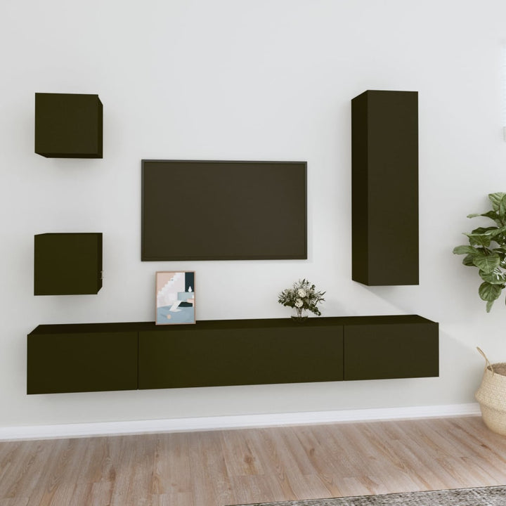 Set Dulap Tv, 5 Piese, Negru, Lemn Prelucrat