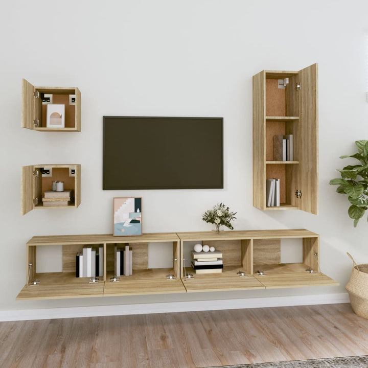 Set Dulap Tv, 5 Piese, Stejar Sonoma, Lemn Prelucrat