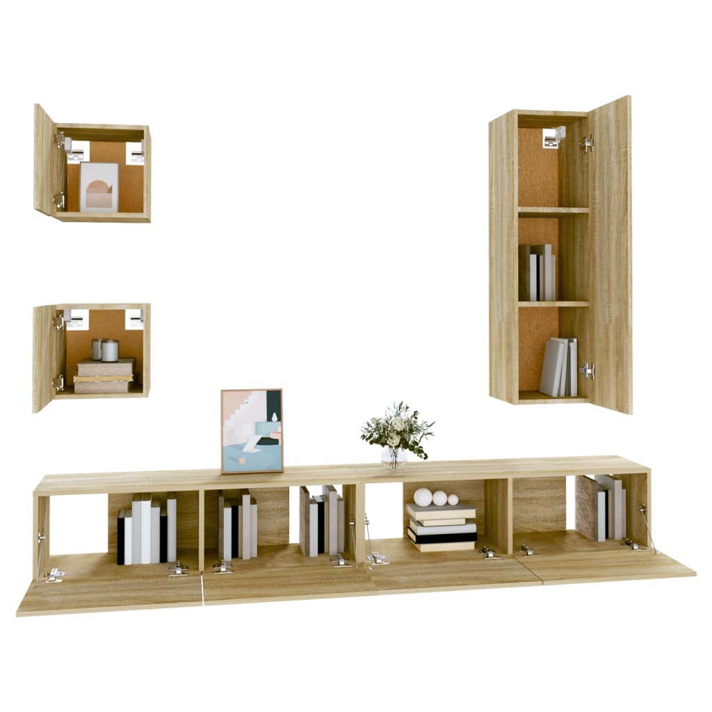 Set Dulap Tv, 5 Piese, Stejar Sonoma, Lemn Prelucrat