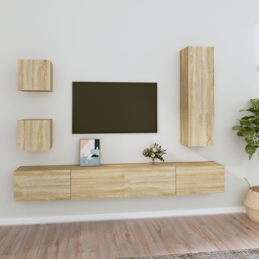 Set Dulap Tv, 5 Piese, Stejar Sonoma, Lemn Prelucrat