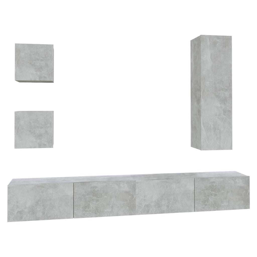 Set Dulap Tv, 5 Piese, Gri Beton, Lemn Prelucrat