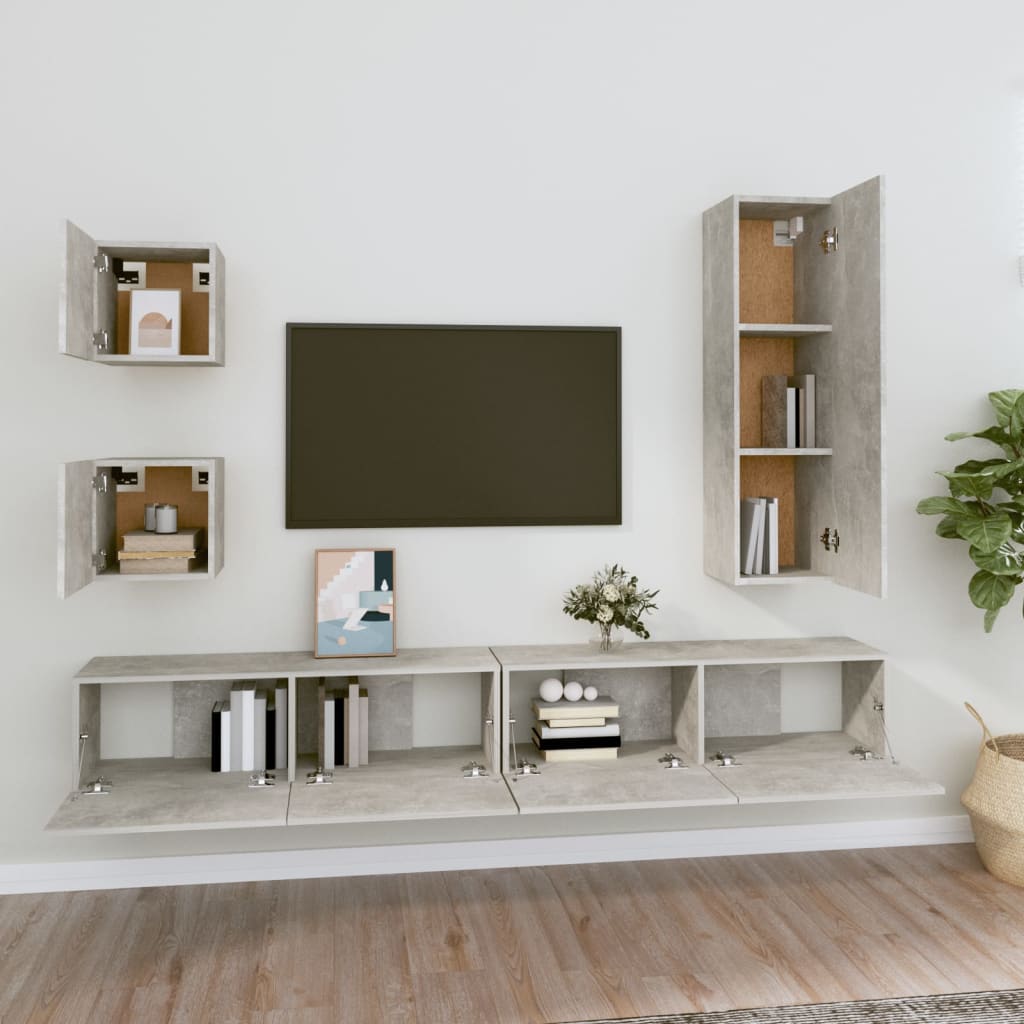 Set Dulap Tv, 5 Piese, Gri Beton, Lemn Prelucrat