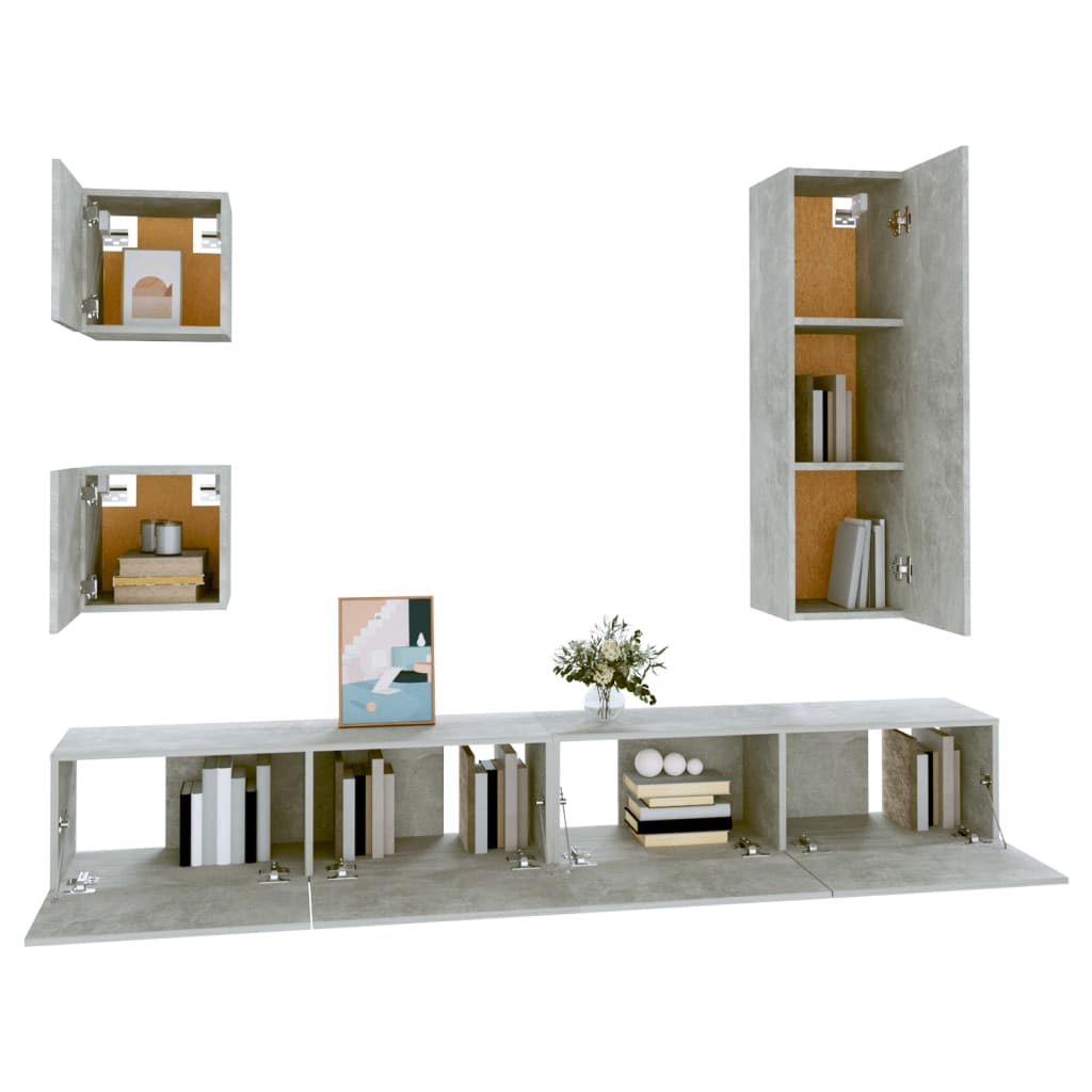 Set Dulap Tv, 5 Piese, Gri Beton, Lemn Prelucrat