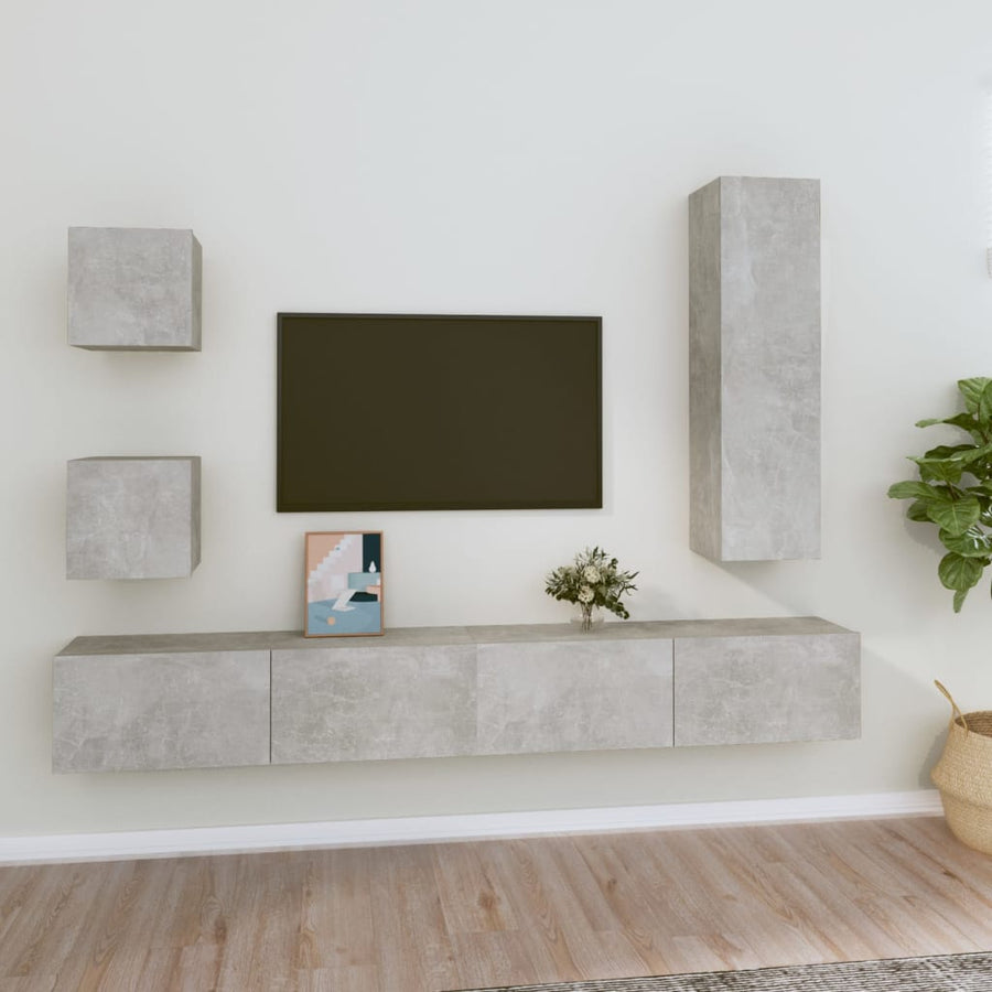 Set Dulap Tv, 5 Piese, Gri Beton, Lemn Prelucrat