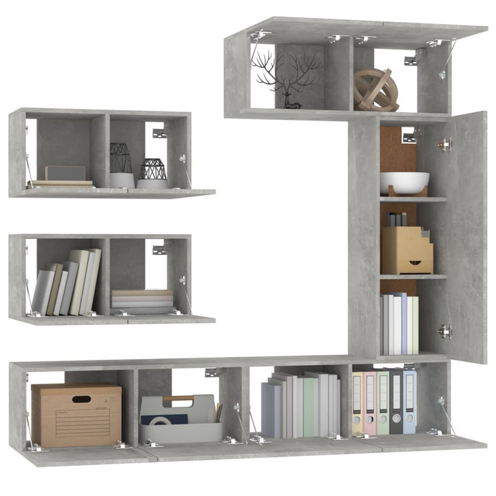 Set Dulap Tv, 6 Piese, Gri Beton, Lemn Prelucrat
