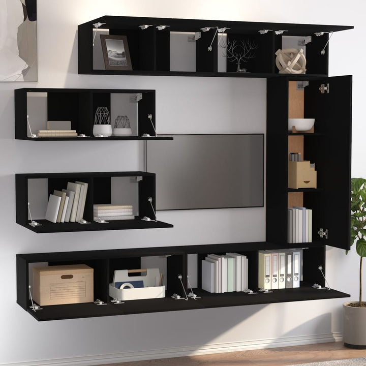 Set Dulap Tv, 7 Piese, Negru, Lemn Prelucrat