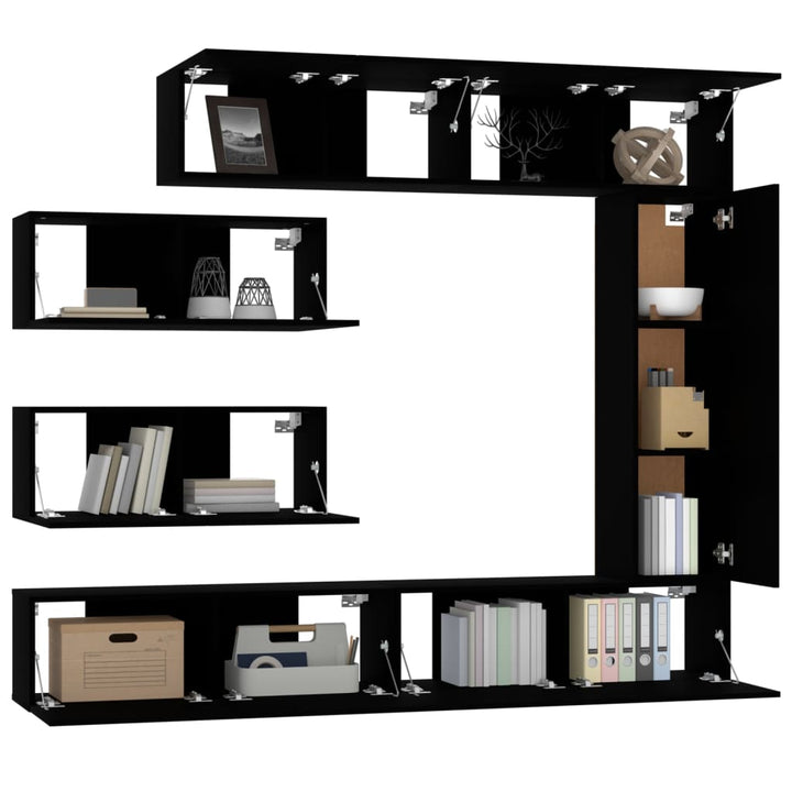 Set Dulap Tv, 7 Piese, Negru, Lemn Prelucrat