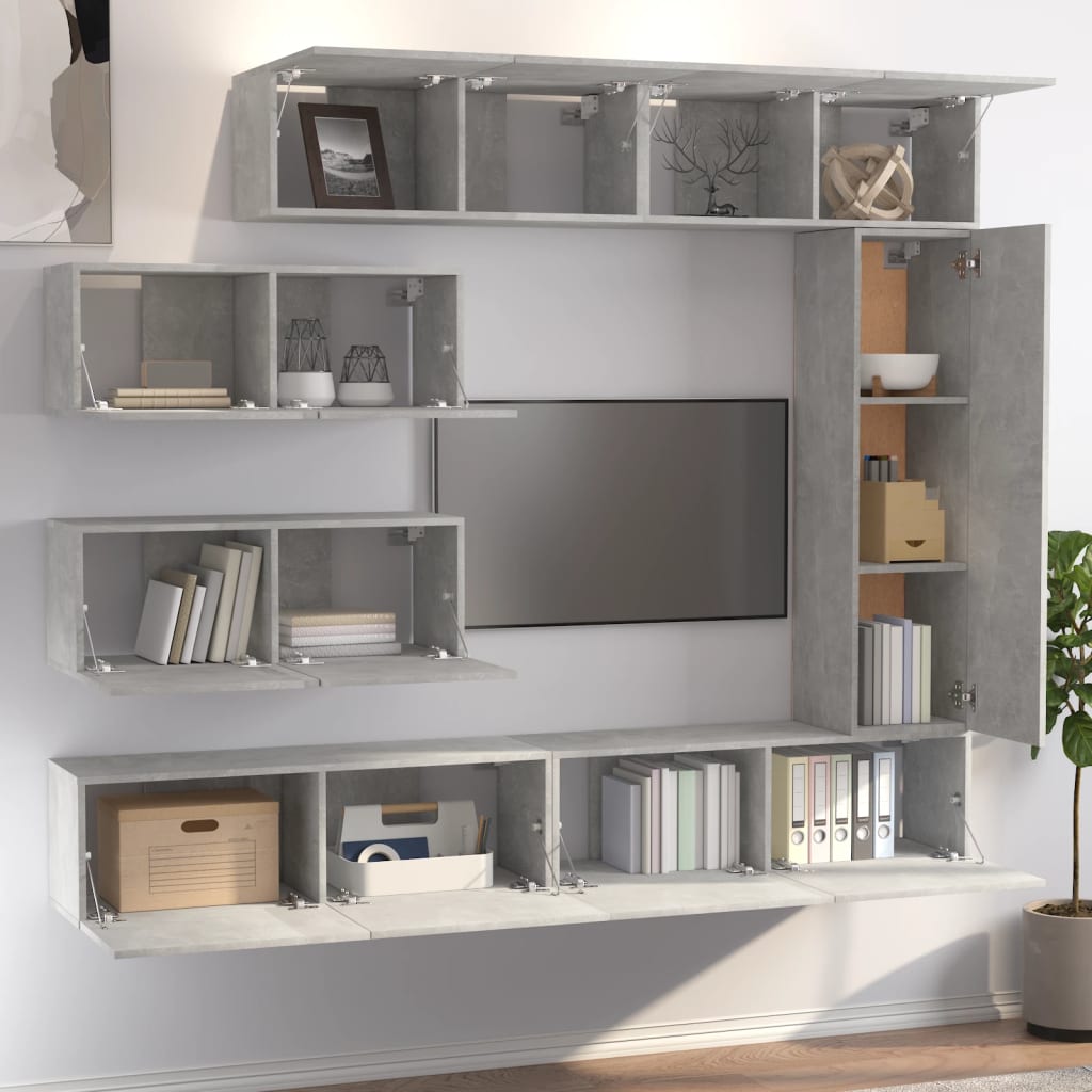 Set Dulapuri Tv, 7 Piese, Gri Beton, Lemn Prelucrat