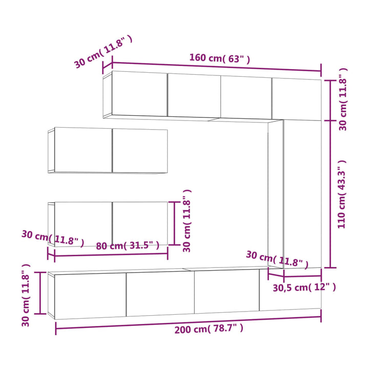 Set Dulapuri Tv, 7 Piese, Gri Beton, Lemn Prelucrat