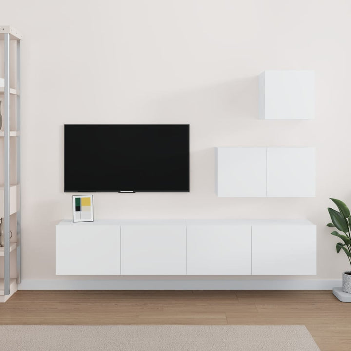 Set Dulap Tv, 4 Piese, Alb Extralucios, Lemn Prelucrat