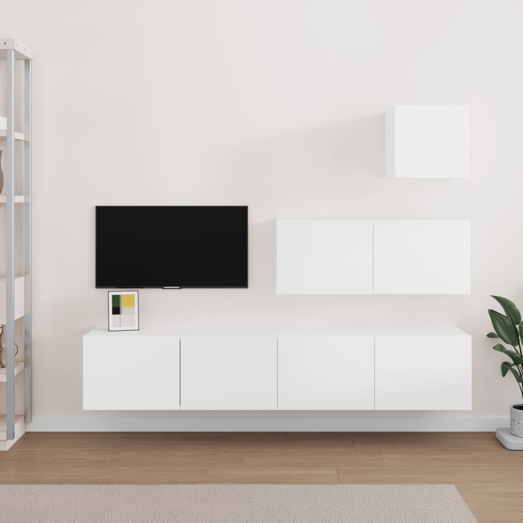 Set Dulap Tv, 4 Piese, Alb Extralucios, Lemn Prelucrat