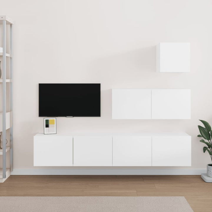 Set Dulap Tv, 4 Piese, Alb Extralucios, Lemn Prelucrat