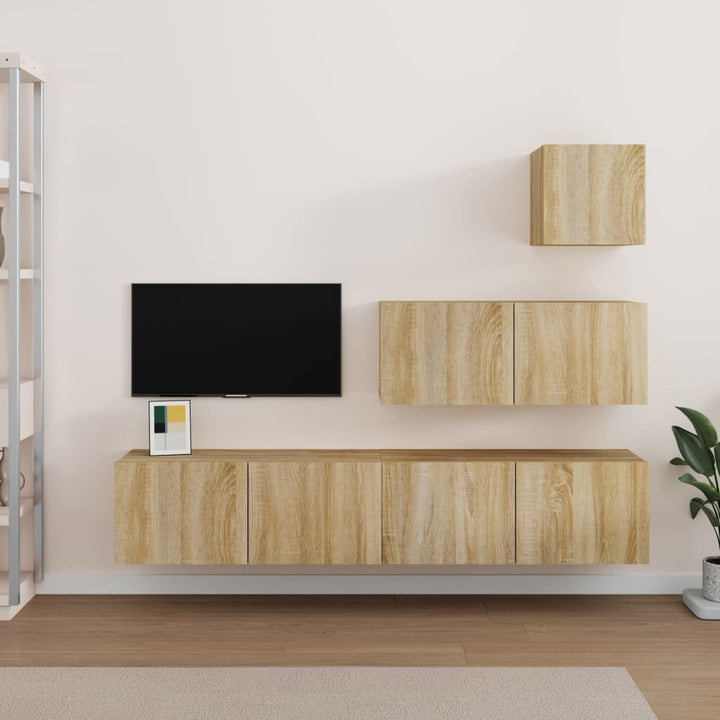 Set Dulap Tv, 4 Piese, Alb Extralucios, Lemn Prelucrat