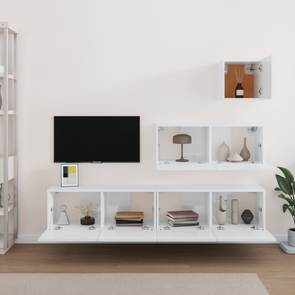 Set Dulap Tv, 4 Piese, Alb Extralucios, Lemn Prelucrat
