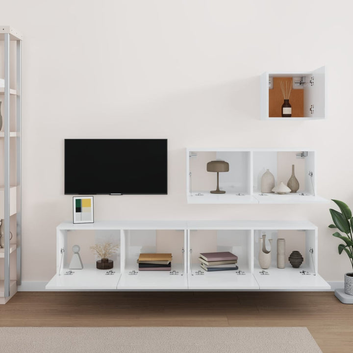 Set Dulap Tv, 4 Piese, Alb Extralucios, Lemn Prelucrat