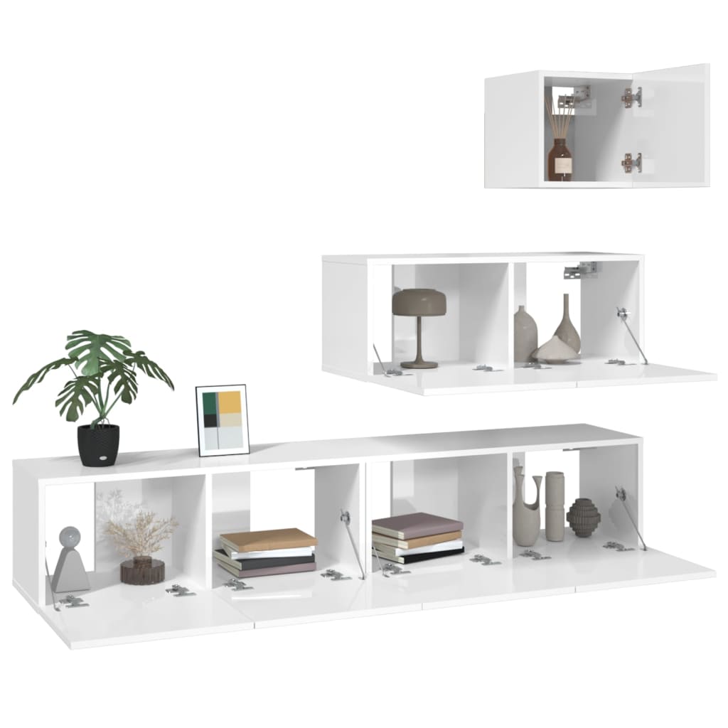 Set Dulap Tv, 4 Piese, Alb Extralucios, Lemn Prelucrat