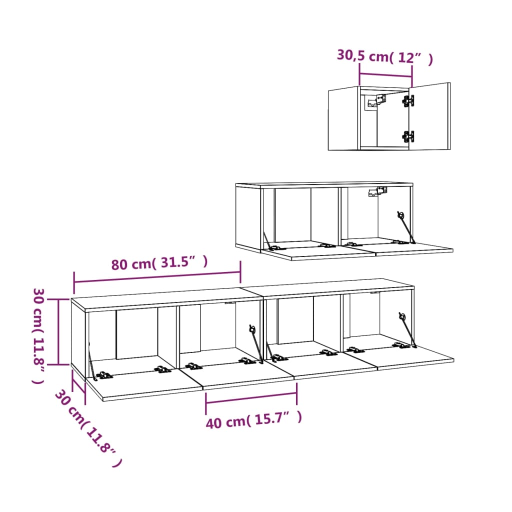 Set Dulap Tv, 4 Piese, Alb Extralucios, Lemn Prelucrat
