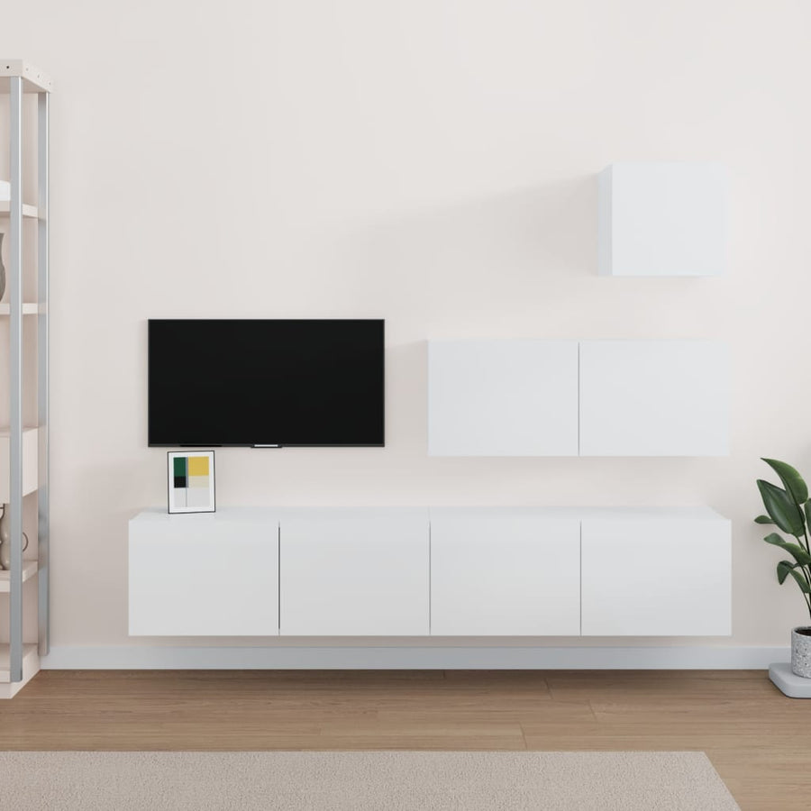 Set Dulap Tv, 4 Piese, Alb Extralucios, Lemn Prelucrat