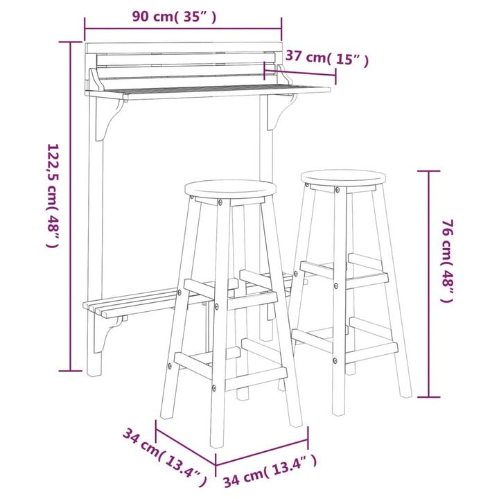 Set Mobilier De Bar De Balcon, 3 Piese, Lemn Masiv De Acacia