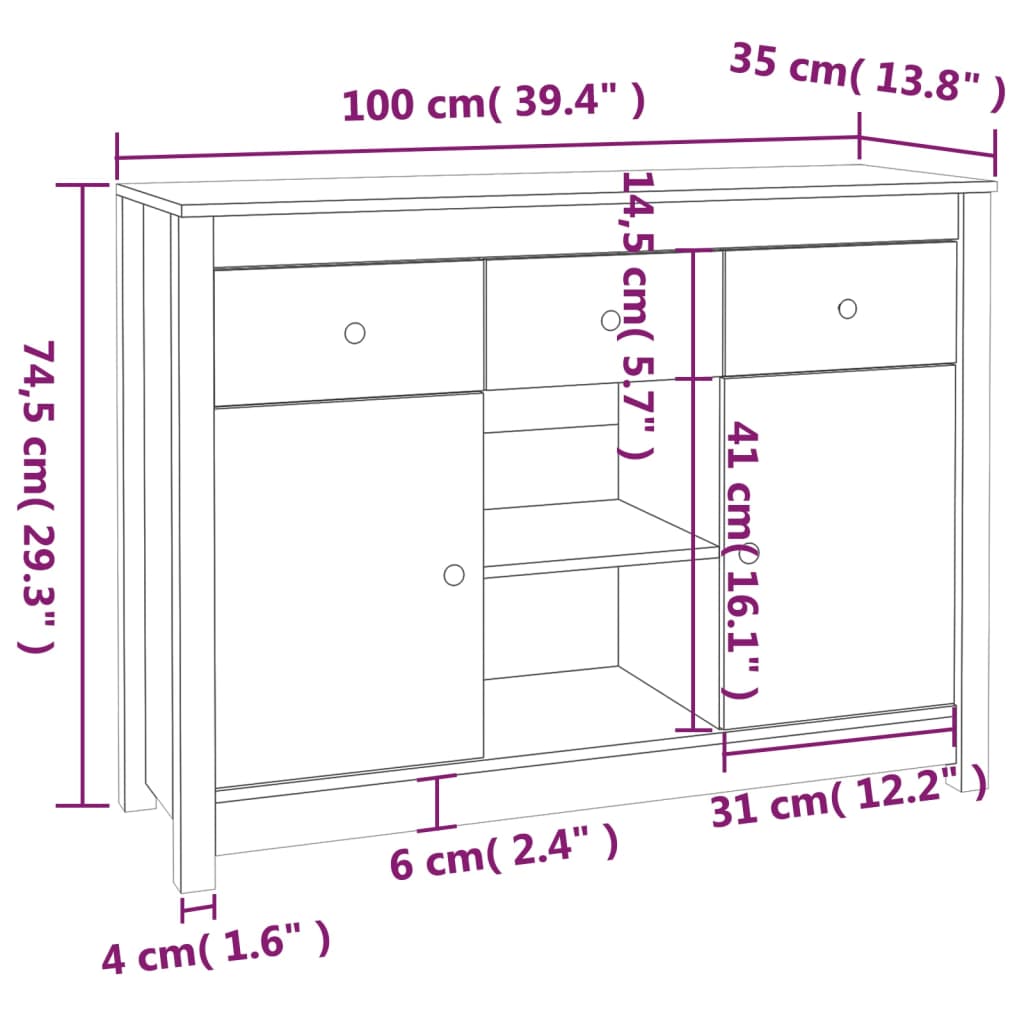 Servantă, , 100X35X74,5 Cm, Lemn Masiv De Pin