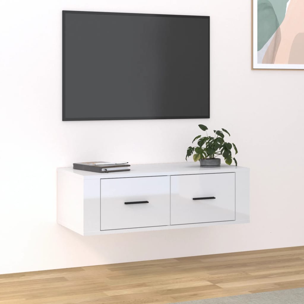 Dulap Tv Suspendat, Alb Extralucios, 80X36X25 Cm, Lemn Compozit