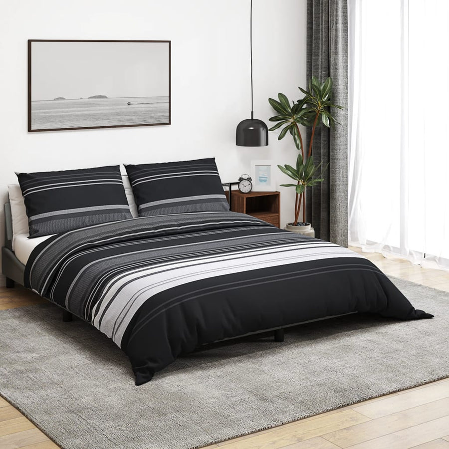 Set Cu Husă De Pilotă, Negru Și Alb, 200X220 Cm, Bumbac Dungi Negre