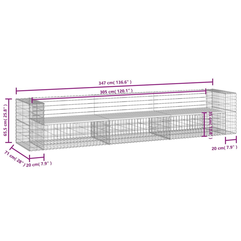 Bancă Grădină Design Gabion, 347X71X65,5 Cm, Lemn Pin Impregnat