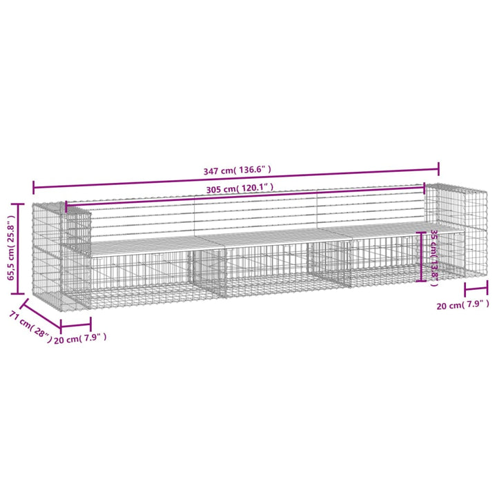 Bancă Grădină Design Gabion, 347X71X65,5 Cm, Lemn Pin Impregnat