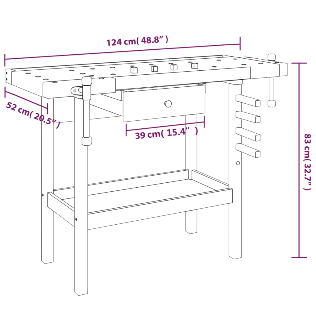 Banc De Lucru Cu Sertar Și Menghine, 124X52X83 Cm, Lemn Acacia